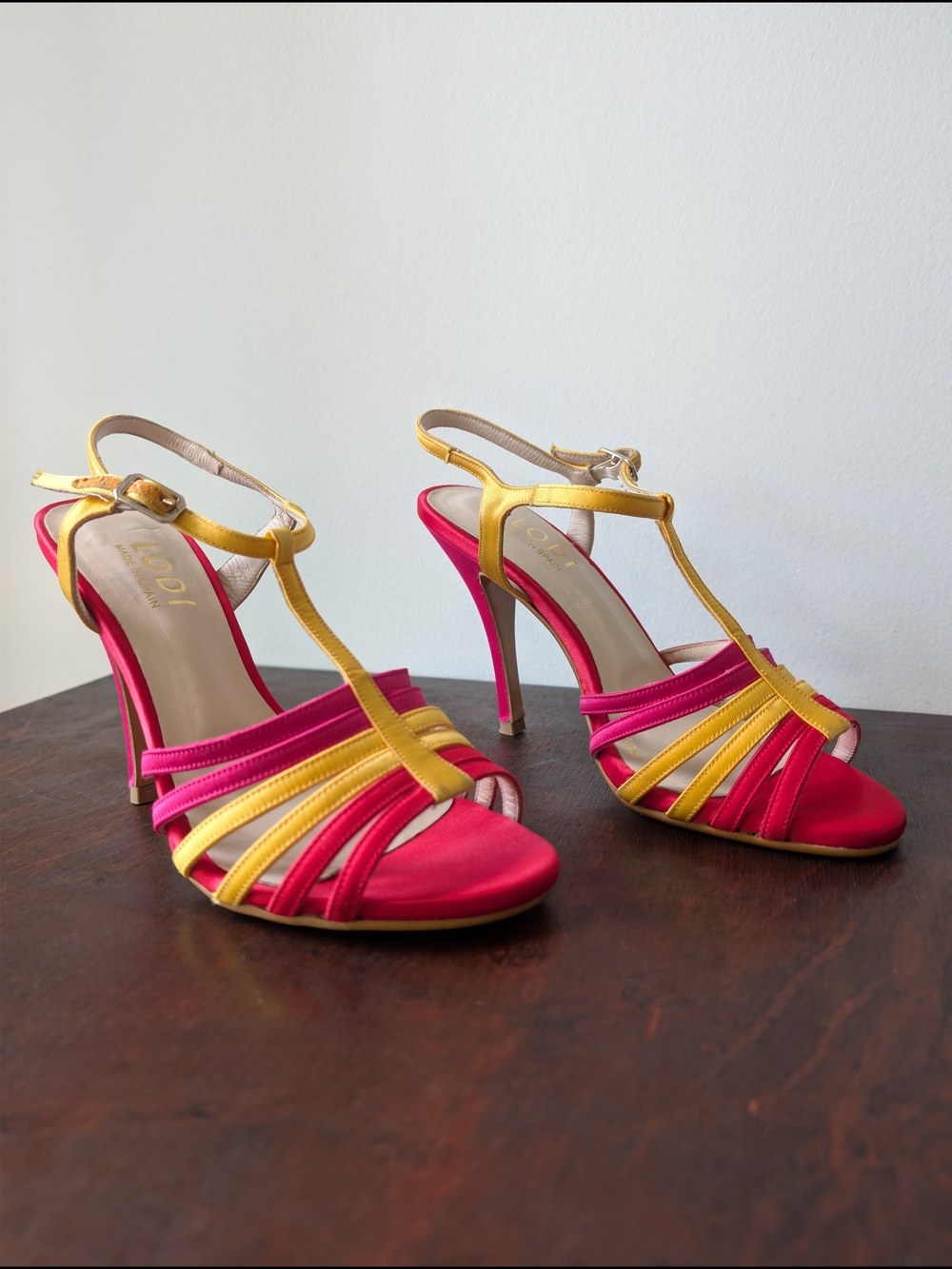 Lodi Spain Pink & Yellow Satin T-Strap Heels | Made in Spain | EU 37